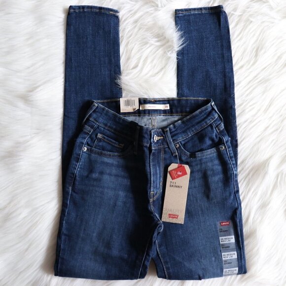 Levi's 711's Mid Rise Dark Blue Distressed Jeans Size 24 - Picture 5 of 8